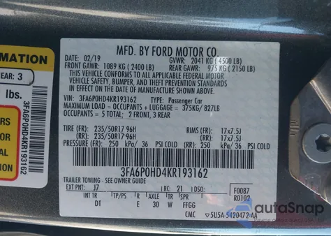 2019 Ford Fusion Se z USA, uszkodzony, nr VIN 3FA6P0HD4KR193162